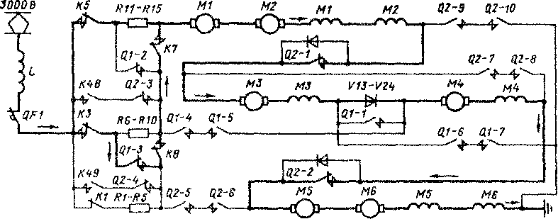 Схема цепей тяговых двигателей электровоза ВЛ15-001 при переходе с С на СП-соединение. Переходная позиция XI.