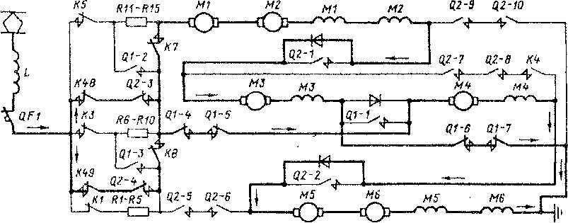 Схема цепей тяговых двигателей электровоза ВЛ15-001 при переходе с СП на П-соединение. Переходная позиция XI.