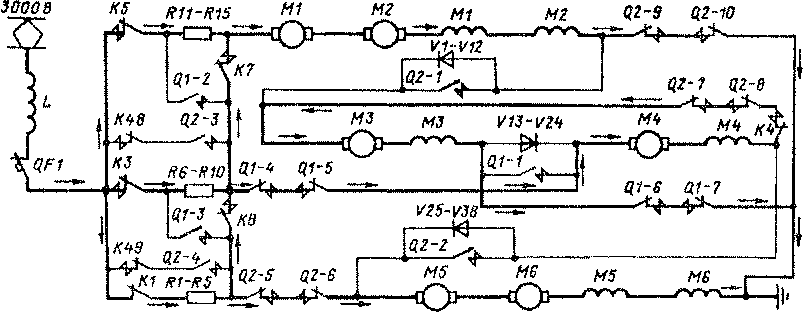 Схема силовых цепей электровоза ВЛ15-001 на 36-й позиции главной рукоятки контроллера машиниста. Соединение тяговых двигателей - "П".