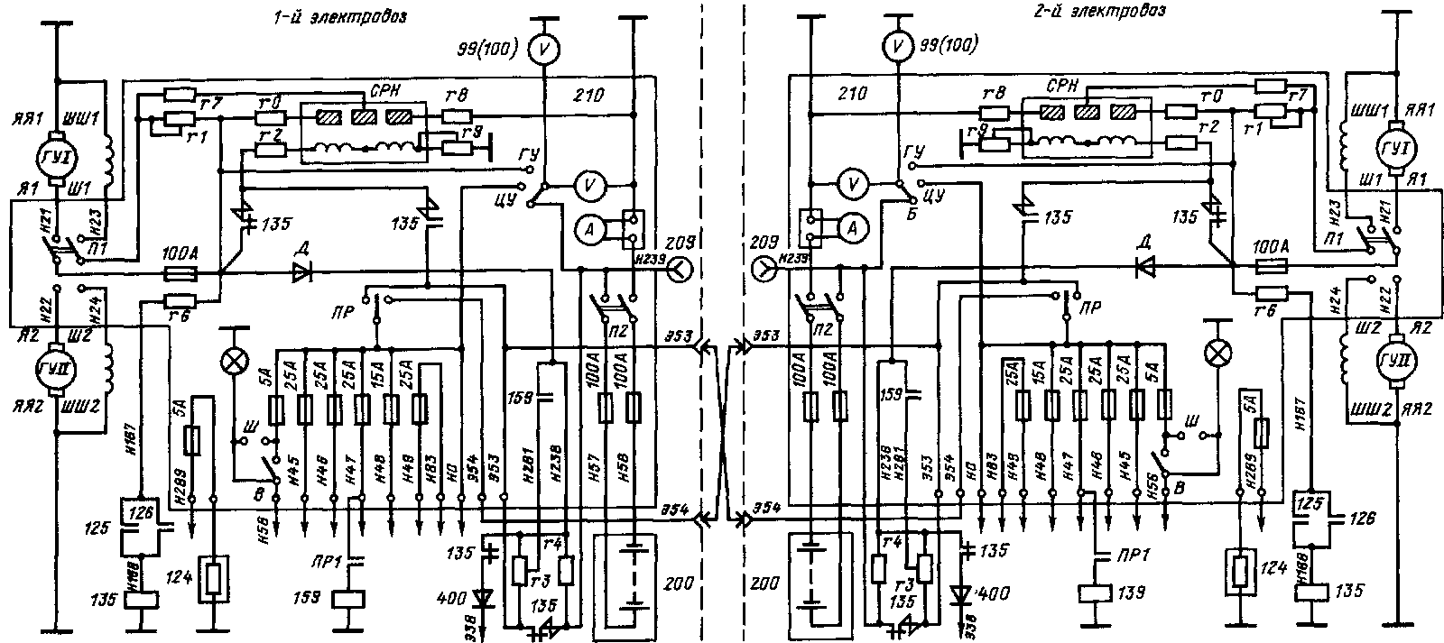 Схема резервирования источников питания цепей управления электровозов ВЛ60" при работе их по системе многих единиц